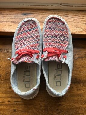 Hey Dude Women's Multi-Pattern Gray Canvas Slip-On Shoes with Red Accents